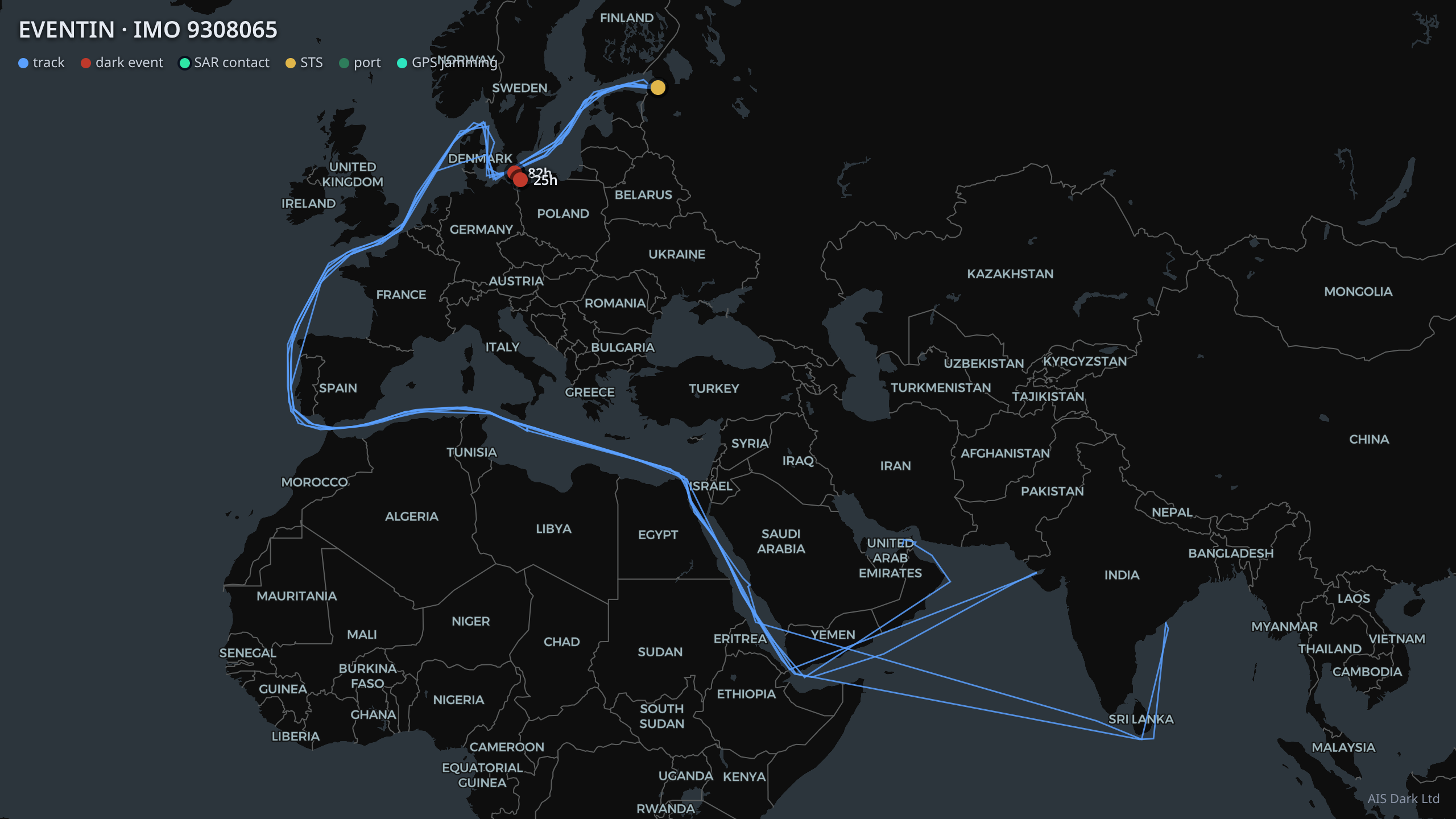 Reconstructed AIS track of the Eventin, with the January 2025 casualty position off Rügen